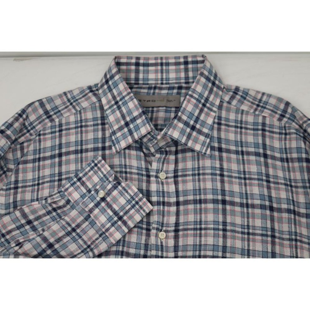Etro Shirt Mens Size 46 Linen Button Up Long Sleeve Plaid multicolor casual
